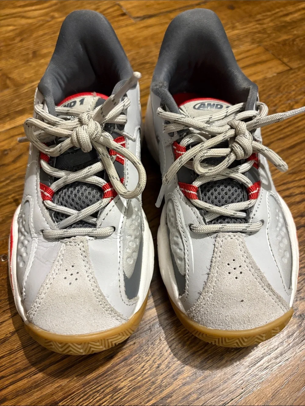 SIZE 1: And1 Gray and Red Low-Top Athletic Sneakers
